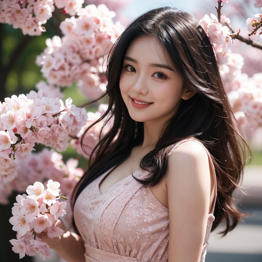 black hair, long hair, wavy hair, smile, big breasts, flowing dress, black dress, dress with floral pattern, cherry blossom, park, sakura, girl in cherry blossom, close-up shot, close up, high detail, glowing light, cinematic lighting, motion blur, high quality, high details, super detail, textured skin, masterpiece, UHD, best quality, highres, 1080P, HD, 4K, 8k, 16k