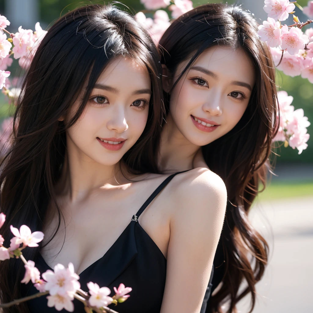 black hair, long hair, wavy hair, smile, big breasts, flowing dress, black dress, dress with floral pattern, cherry blossom, park, sakura, girl in cherry blossom, close-up shot, close up, high detail, glowing light, cinematic lighting, motion blur, high quality, high details, super detail, textured skin, masterpiece, UHD, best quality, highres, 1080P, HD, 4K, 8k, 16k