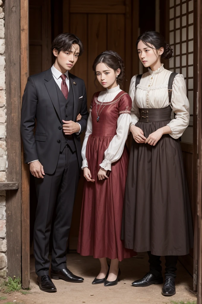 Period couple, a poor stable boy and a well-dressed noble girl