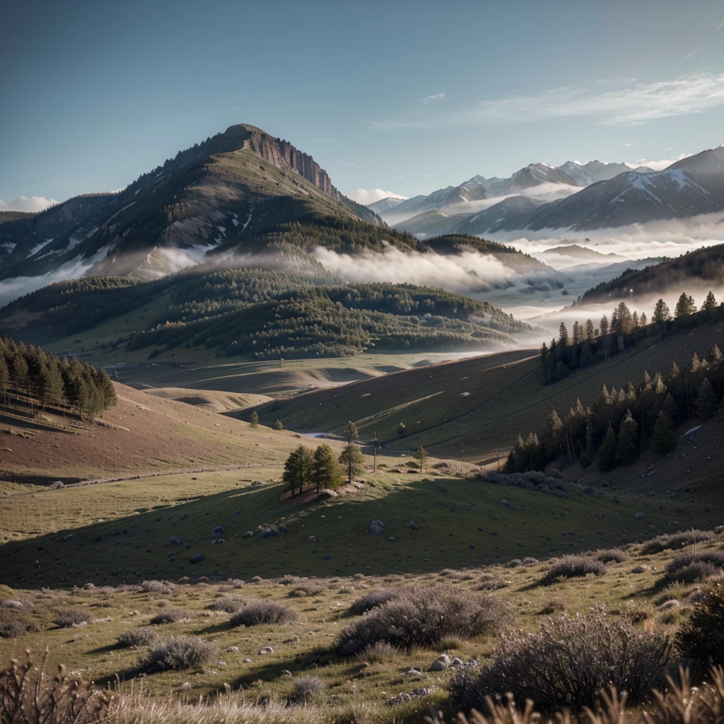Create a desolate landscape of valleys and mountains., shrouded in a thick fog, with few rays of sun, with twisted trees and thick trunks, and weeds reminiscent of grass and grass, in an ultra-realistic landscape, with dead colors, 4k, cinematic lighting, natural lighting, film grain, cinematic lighting, high detail, Photoreal, photorealistic, volumetric lighting and shading