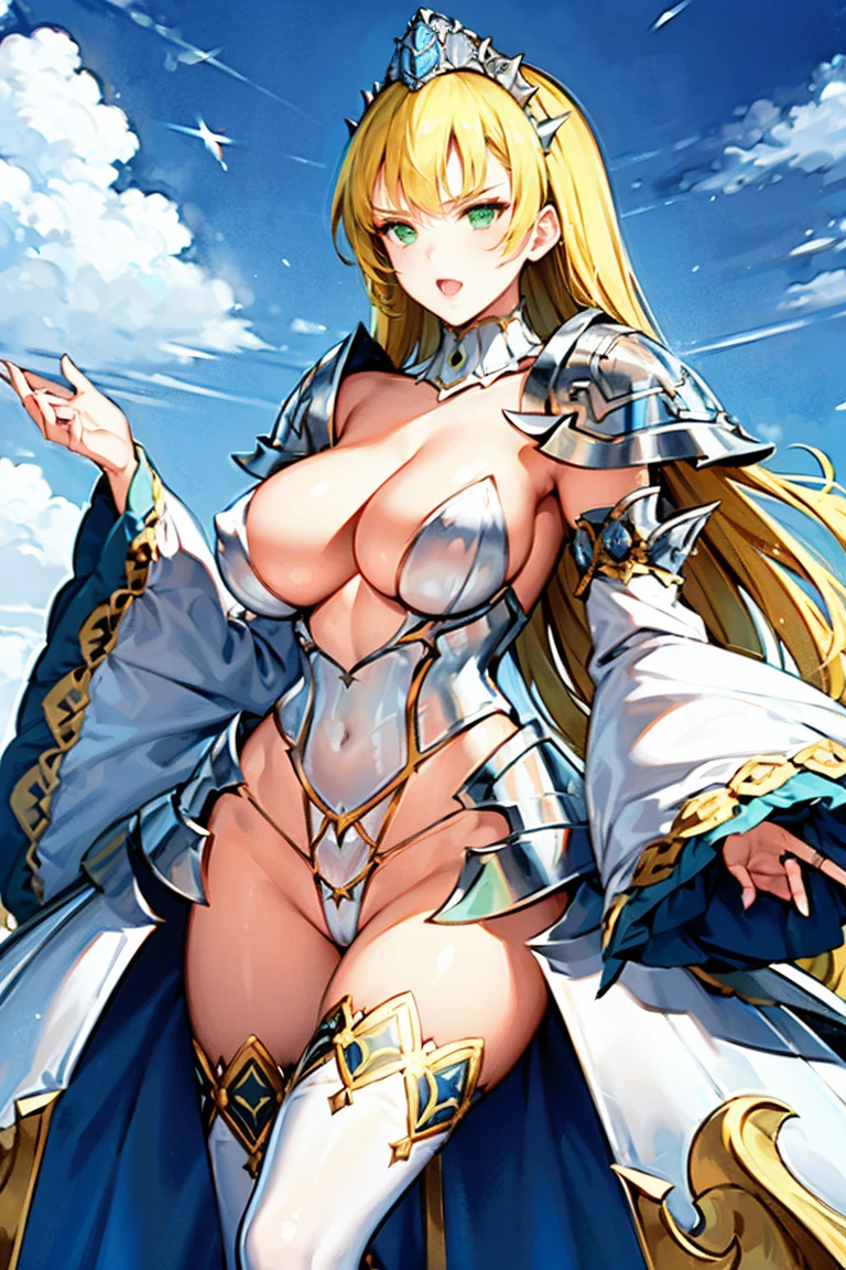 qbcinderella, long hair, tiara, detached collar, armor, bikini armor, pauldrons, wide sleeves, frilled sleeves, showgirl skirt, white thighhighs, adult, flipped hair, green eyes, large breasts, cleavage, white sleeves, shoulder armor,
