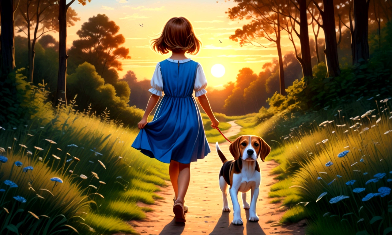 Draw a young girl ((very young)) with brown hair and blue dress, returning home with the sunset on a forest path. By his side a brown and white beagle.