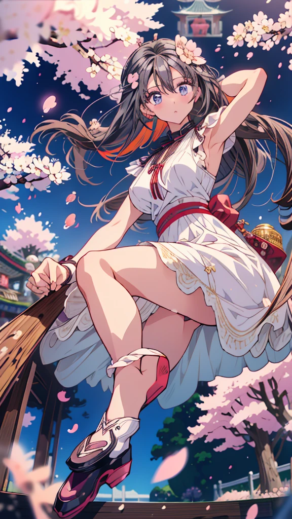 best quality, extremely detailed, anime style adult 1girl, long hair down to the waist, straight hair, ((dark black hair with bluish)),crown braid,beautiful detailed eyes, pinched eyes, dark blue eyes, huge breasts,curvy,(((white main colorful dress))),Active Clothing,Clothing with intricate decorations,((foppery shoes)),animation cap,animated gif,((((Cherry Blossom Park)))),((((pov))))