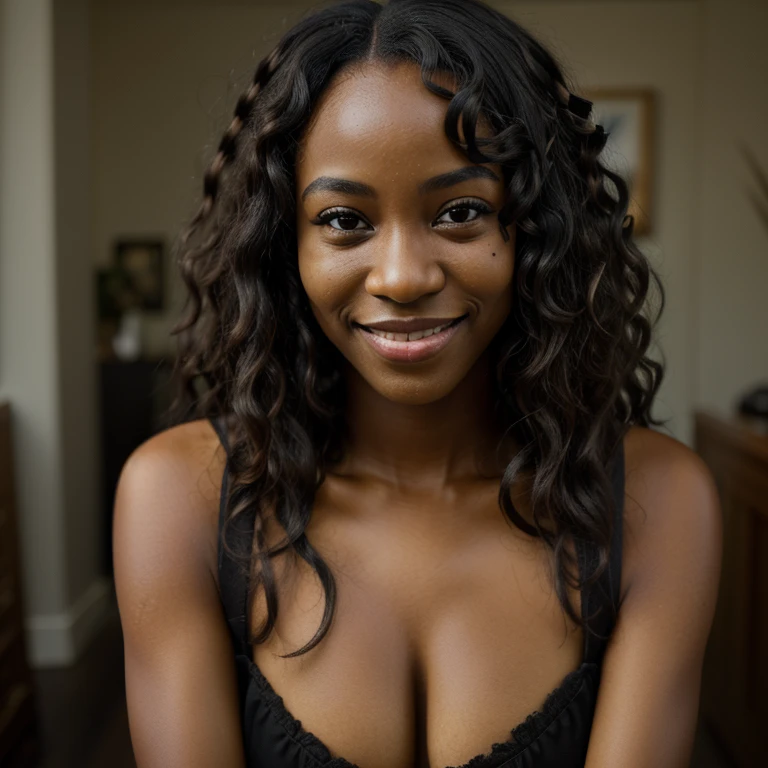 (RAW, analogue, Nikon Z 14mm ultra-wide angle lens, award-winning portrait photograph, ((best quality)), ((masterpiece)), ((realistic)), 1 African woman, solo, black hair, smiling face, shoulder length hair, curly hair:1.1, looking at the camera)