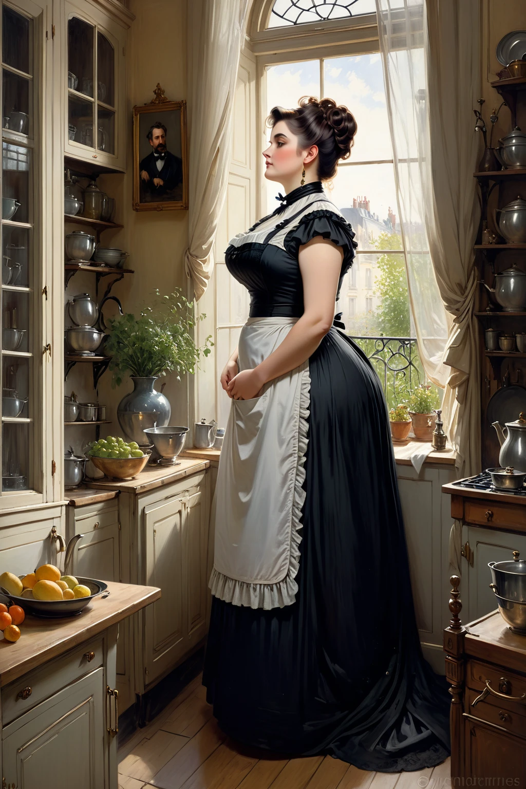 Full body shot of a curvaceous, voluptuous, 66 years old plump buxom Victorian widow wearing a black dress standing in her kitchen looking out of the window, by Jean Béraud, inspired by Jean Béraud, inspired by Édouard Detaille, edouard leon cortes, inspired by Ivan Kramskoi, inspired by Jean-Louis-Ernest Meissonier, by Édouard Detaille, inspired by Paul Émile Chabas, opulent updo hairstyle, white apron