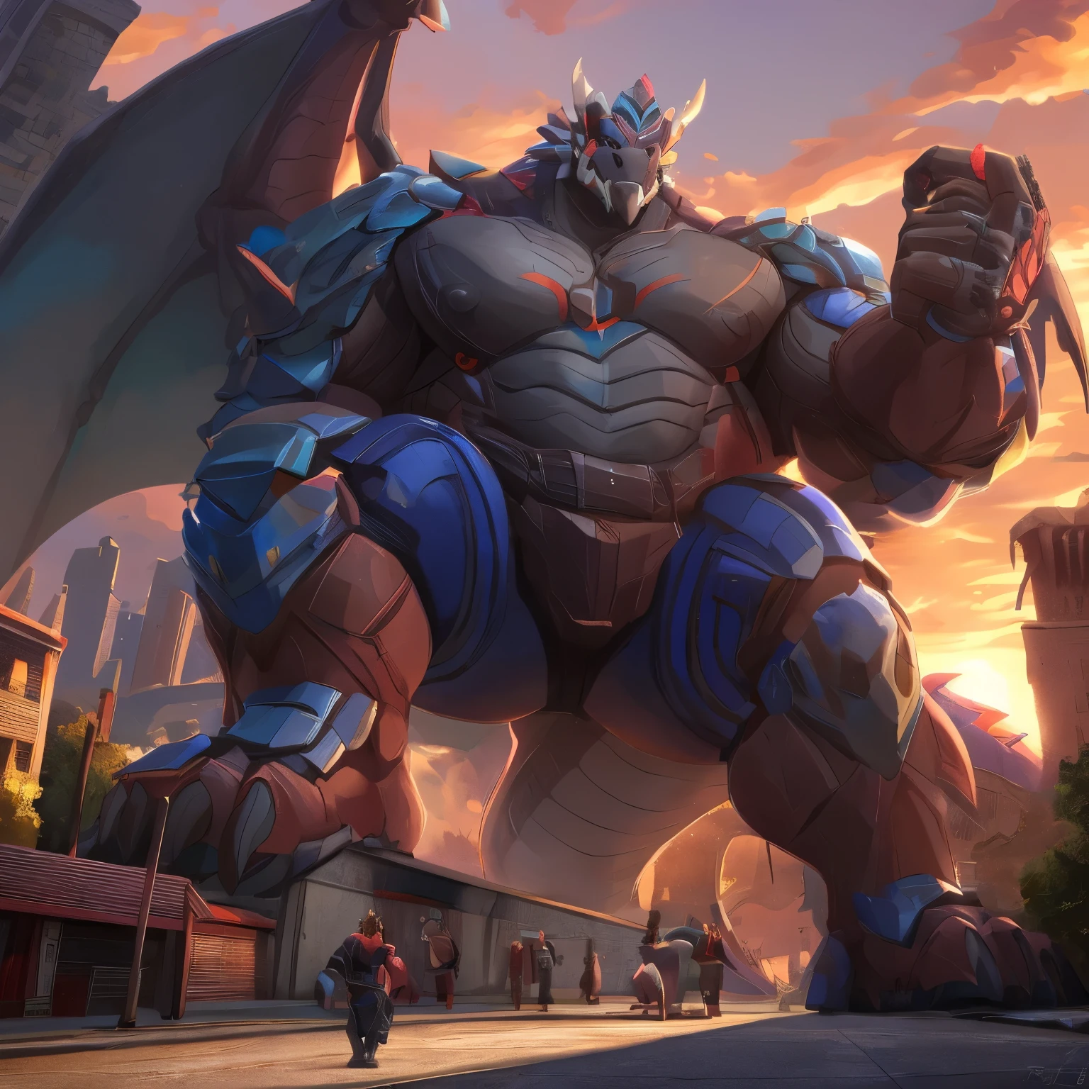 The as big as a building Exoskeleton Dragon in the small street，Exoskeleton Dragon(massive:3.0,Big Muscle:1.1(heavyweight,strong,macro,Emphasize huge size, Stepping on the ruins)),background((the collapse building,raising little spoke,the little sparks,the rift in the road)),low angle perspective