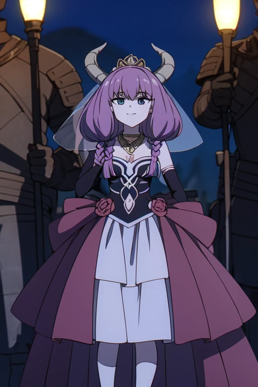 ((Best quality))), ((Ultra-detailed)), ((illustration)), ((Disheveled hair)), ((frilld)), (1 girl), (Solo),
1girl, solo, rating:safe, wedding, bare_shoulders, , bridal_gauntlets, bridal_veil, cleavaging, crown, curtsey, dress, drop_earrings, earrings, elbow_gloves, female, female_only, gloves, headdress, headwear, jewelry, layered_dress, long_hair, looking_at_viewer, necklace, skirt_hold, smile, standing, strapless, strapless_dress, tiara, veil, very_long_hair, white_dress, white_footwear, white_gloves
pink hair,grey hair,Horns,