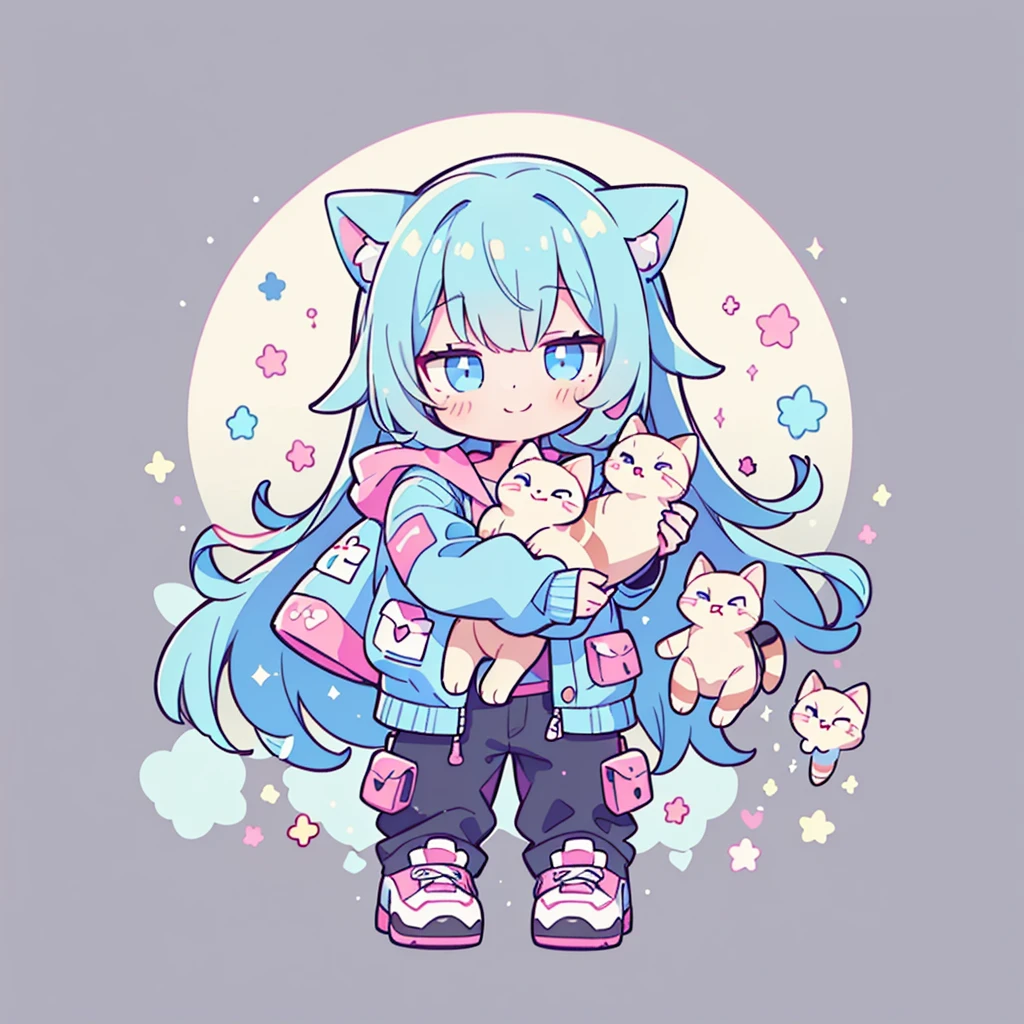 ((Highest quality，masterpiece，Extremely complex and exquisite details，A short girl with gray and blue cat ears and long hair is in the center，Gray blue super long straight hair，Curly hair at the ends，Sparse air bangs，Gray and pink T-shirt，Denim hooded cropped jacket，Black and gray long cargo pants，hands holding a cat))，(pink and white sneakers，Smile slightly，Surrounded by tons of cute short-legged cats，Correct anatomy)，Super Q super cute short full body portrait，Starry sky background vertical painting space scene