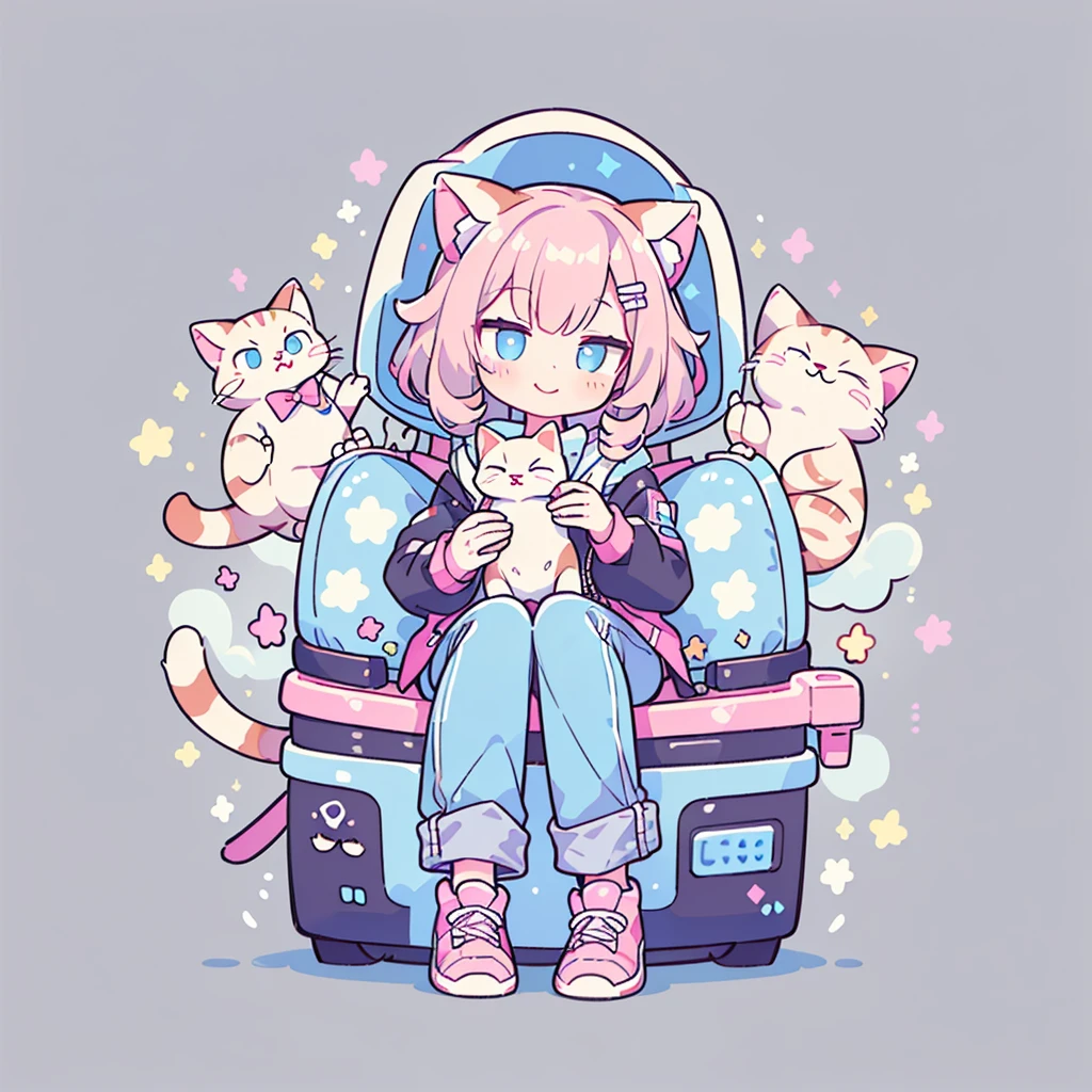 ((Highest quality,masterpiece,Extremely complex and exquisite details,A short girl with gray and blue cat ears and long hair is in the center,Gray blue super long straight hair,Curly hair at the ends,Sparse air bangs,Gray and pink T-shirt,Denim hooded cropped jacket,Black and gray long cargo pants,hands holding a cat)),(pink and white sneakers,Smile slightly,Surrounded by tons of cute short-legged cats,Correct anatomy),Super Q super cute short full body portrait,Starry sky background vertical painting space scene