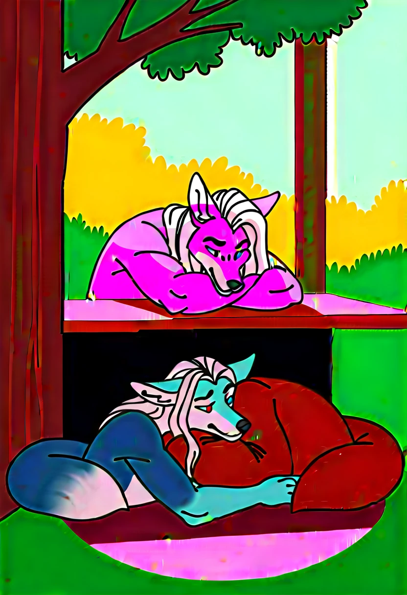 high quality，HD，Foxes，White Hair，Long hair，furry，Heterochromia（Blue，Light purple），Summer，Behaving Nobly，Lazy temperament，Handsome，Rest under the tree，Sunshine on the face，Gentle personality，male