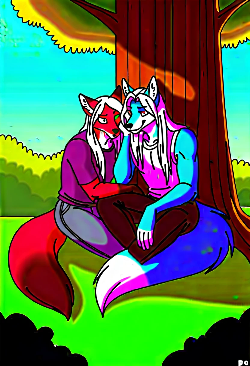 high quality,HD,Foxes,White Hair,Long hair,furry,Heterochromia(Blue,Light purple),Summer,Behaving Nobly,Lazy temperament,Handsome,Rest under the tree,Sunshine on the face,Gentle personality,male