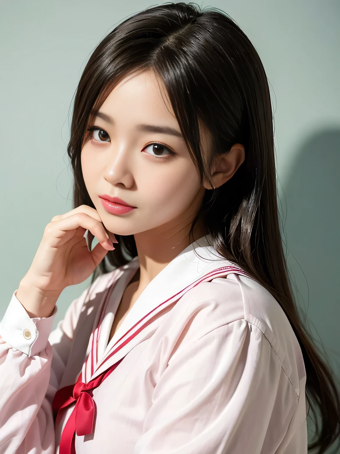(masterpiece:1.3)、Very fine finish、(High resolution、8K:1.3)、(Highest quality)、(Ultra-realistic as a photo:1.3)、Correct limbs、Anatomically correct, The face is in focus、(Face close-up:1.3)、 Ultra High Resolution Face、The face is in focus、Ultra high definition and beautiful eyes、Concentrated eyes、Eyes are symmetrical:1.3、High quality and beautiful skin、Firm Skin、Ultra HD Hair Texture、Japanese women、、very cute, Half Up:1.3, high school girl、high school girl break (high school girl uniform、Sailor suit:1.3), (Embarrassing:1.3), (blush:1.3), (Troubled expression:1.3), Mr..々Shooting angle:1.3, View your viewers, Browsing Caution, Licking fingers、Pink wall