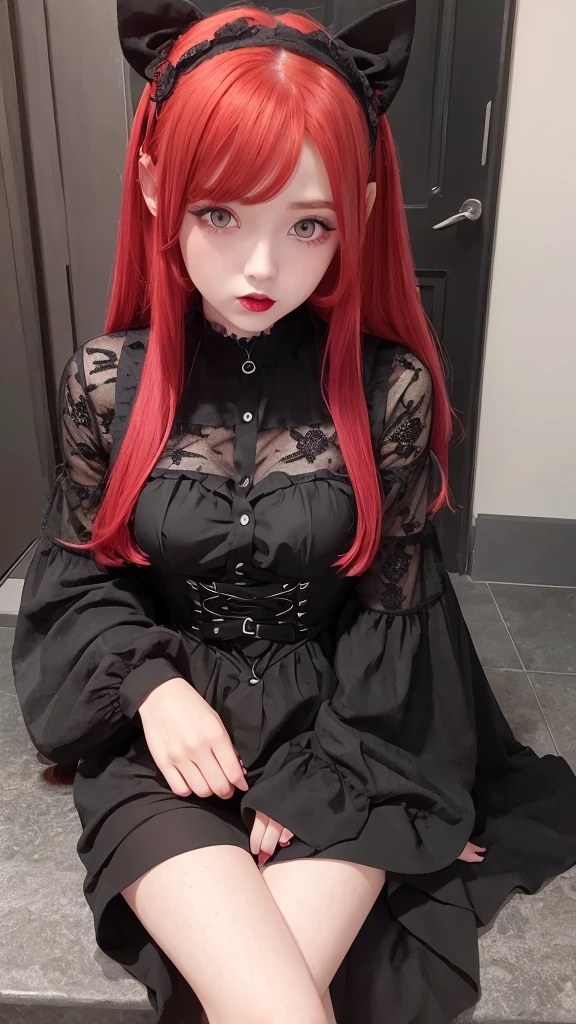 a girl with red hair and red eyes and pink lips wearing a black gothic dress