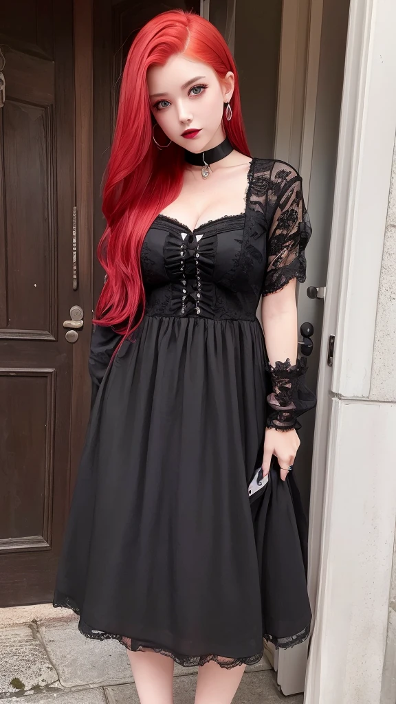 a girl with red hair and red eyes and pink lips wearing a black gothic dress