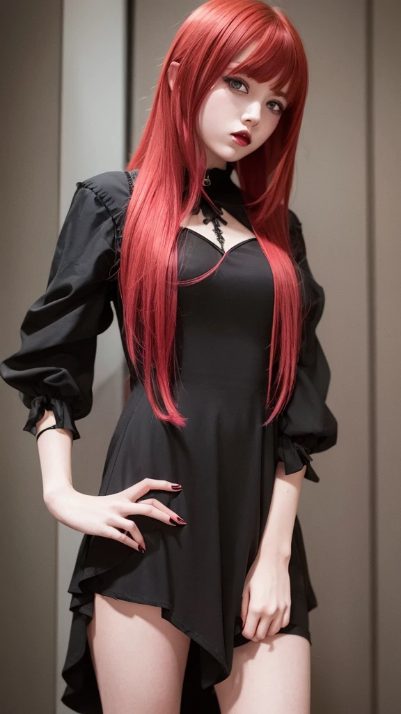 a girl with red hair and red eyes and pink lips wearing a black gothic dress