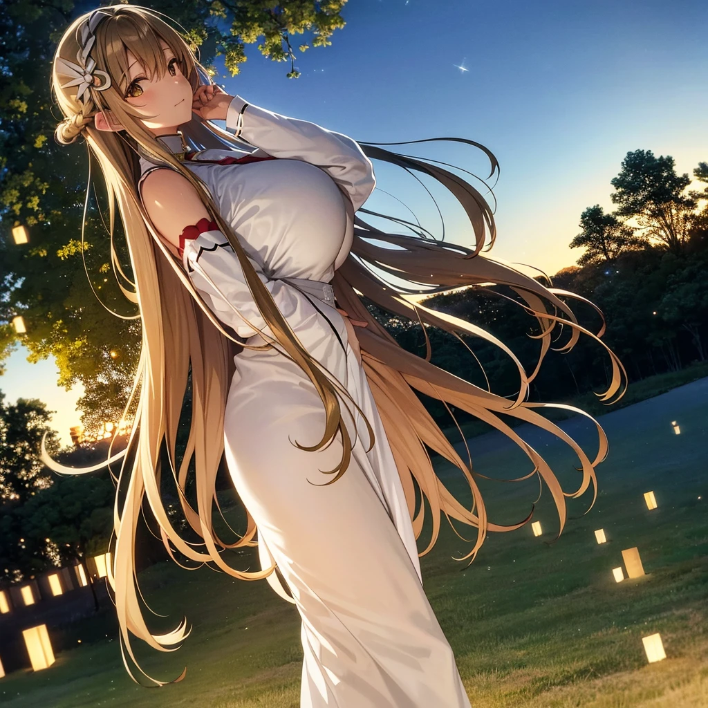 asuna,STAR, crown half up hairstyle,, woman, happy, huge breasts, maid dress, overexposure, light brown Clothes, dusk sky, dusk, sunset,Free Pose、Shoulder Off、Only one woman、Low - Angle