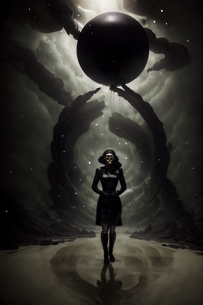 there is a man titan in a latex black dress standing in a room with a large ball over head, erwin olaf, dark surreal art, surreal dark art, surreal dark otherworldly mood, dark surrealism, surreal dark fantasy, natalie shau tom bagshaw, steven klein, surreal avant-garde style, yuri shwedoff and tom bagshaw, dark surrealist, full face round mask , empty black , horror ,people  wall mount of people , 