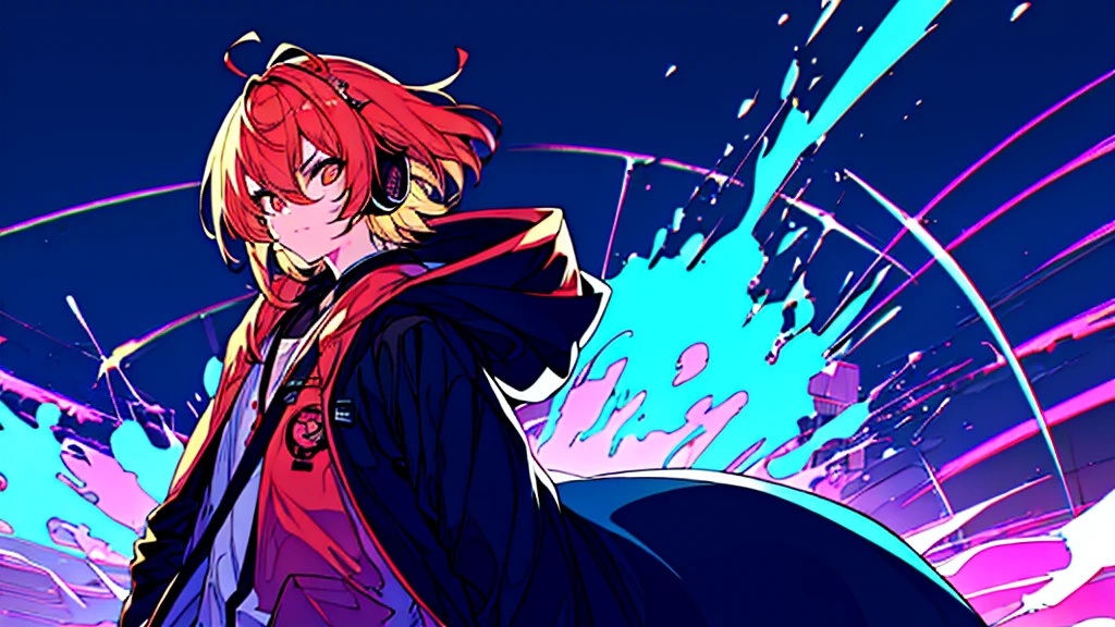 16K, High resolution, RTTX 10.0, Ray Tracing, Neon Lightの明かり, Absurd, Top quality masterpiece, Perfect anatomy and highly detailed face, Fine grain, One young man, alone, Heavy rainy night, A night of record-breaking rain, Sky blue raincoat, Violet Hoodie, Wear a raincoat, とても深いfog, Wear the hood deeply, Wearing a robe, Gaming headphones, Put the headphones around your neck, Large headphones, 非常にLarge headphones, Beautiful Hair, Brown eyebrows, Golden eyebrows, Modest eyebrows, inconspicuous eyebrows, Orange eyebrows, Eyebrows are brown, Eyebrows are modest, Light Hair Color, Cut Hair, very beautiful, Edgy, nice, Evil Aura, Very windy, Glowing Eyes, Rage, Deep hatred, dystopian city, Futuristic, Detailed Background, Awards, Neon Light, Blood splatter, fog, Talked about at the art station