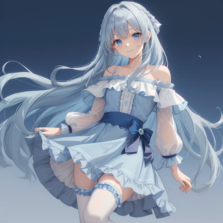 1lady, solo, best quality, masterpiece, 
(light blue off shoulder frill blouse) and (indigo flared skirt) and (zettai ryouiki),
(Light blue long hair) and (blue eyes, drooping eyes), 
smile, standing, 
sharp outline, gray background, simple background