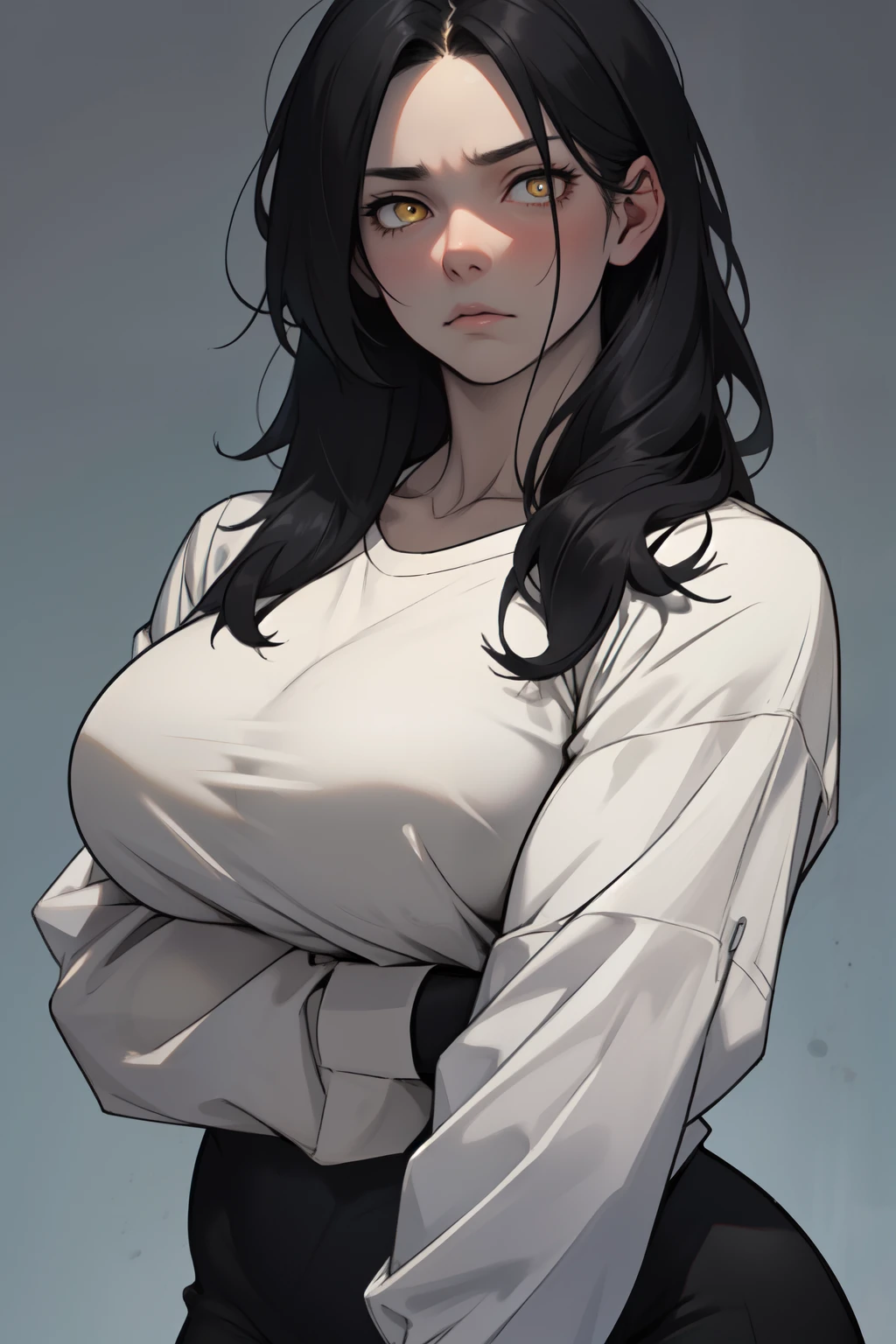 sad girl muscular muscular muscular breasts breasts breasts thick thick thick thick black hair yellow eyes pale skin pale skin thick thick thick long sleeve dark atmosphere thick thick thick thick thick thick muscular simple background sad sad sad sad tigth shirt