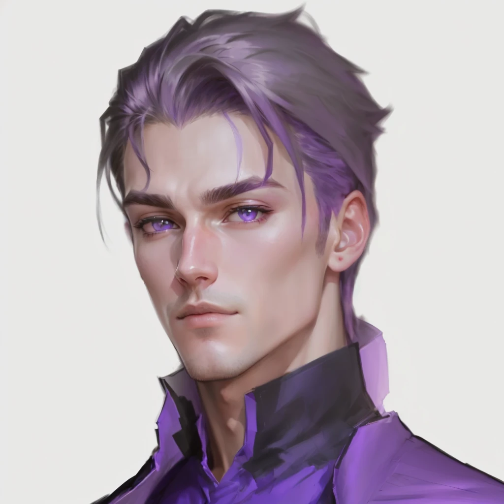Close-up of a man with purple hair and a purple shirt, Kira Yoshikage, Alukard, Ideal European facial features, European, made in an anime artist's studio, handsome guy in demon slayer art, g-liulian art style, anime portrait of a handsome man, drawn in an anime artist's studio, Jojo in anime style, drawn character portrait, gentle androgynous prince