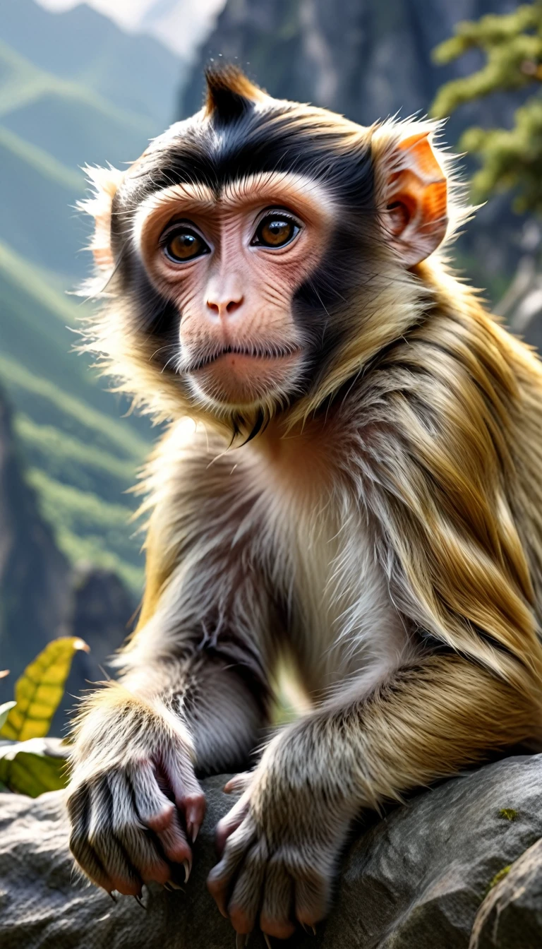 There are wild animals in the mountains，Looks like a monkey but has four ears(Highest quality，4K，8K，Superior，masterpiece：1.2），Super detailed，（real，Photo realistic，Photo realistic：1.37），Very detailed drawings of animals，real照明，Fantasy creatures