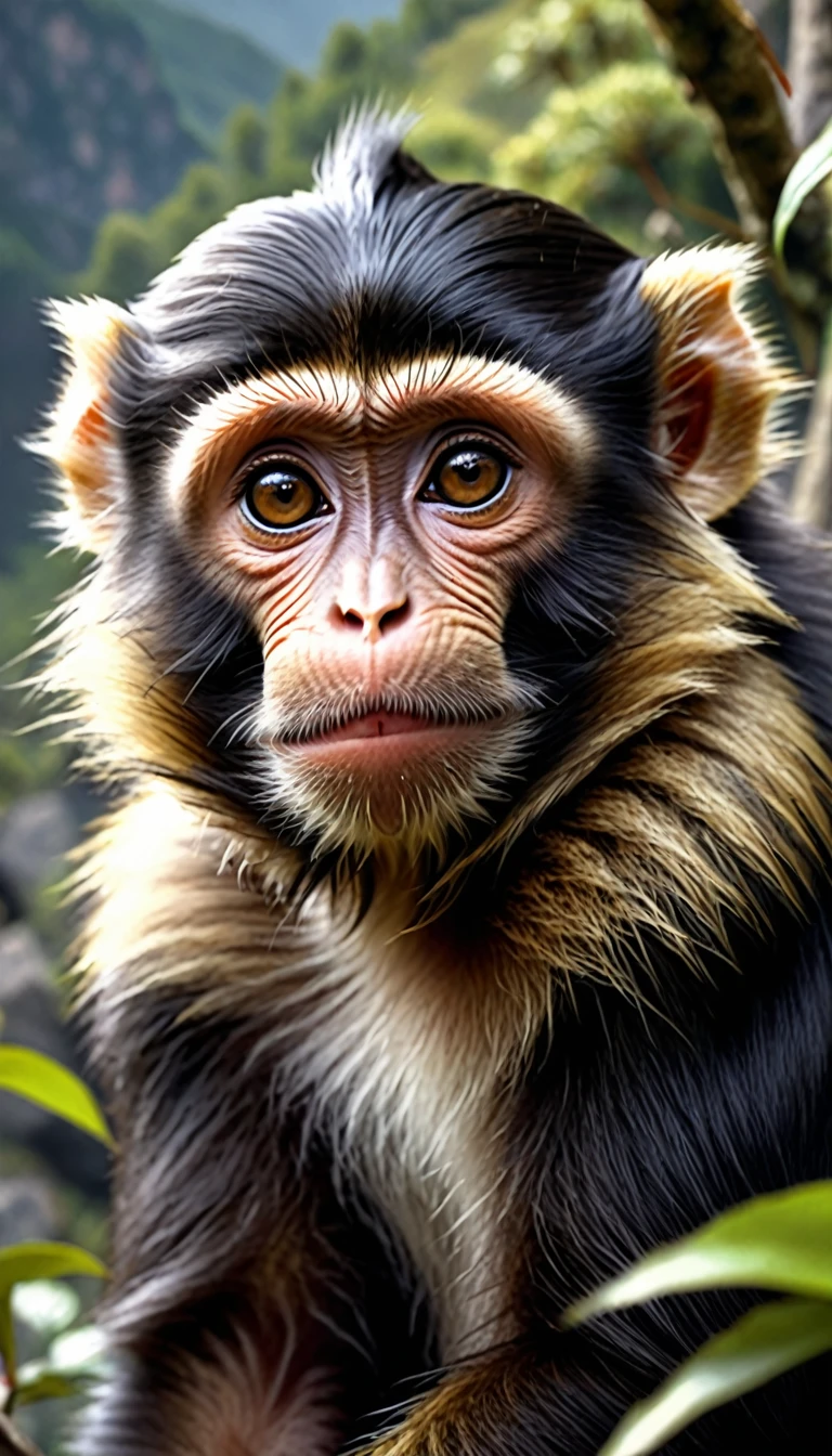 There are wild animals in the mountains，Looks like a monkey but has four ears(Highest quality，4K，8K，Superior，masterpiece：1.2），Super detailed，（real，Photo realistic，Photo realistic：1.37），Very detailed drawings of animals，real照明，Fantasy creatures