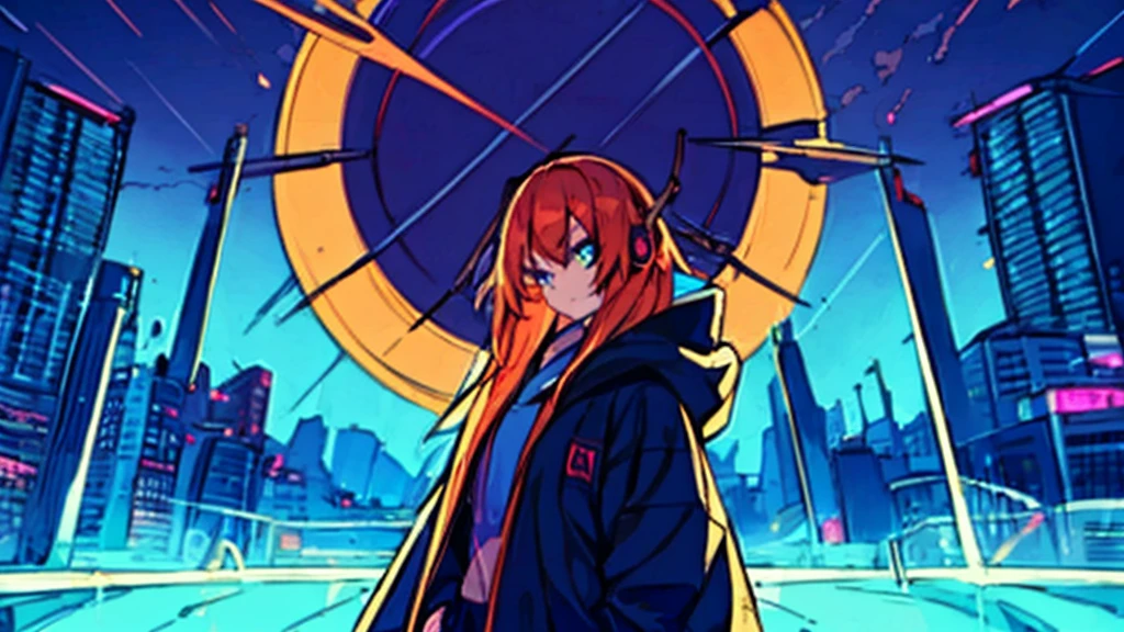 16K, High resolution, RTTX 10.0, Ray Tracing, Neon Lightの明かり, Absurd, Top quality masterpiece, Perfect anatomy and highly detailed face, Fine grain, One young man, alone, Heavy rainy night, A night of record-breaking rain, Sky blue raincoat, Violet Hoodie, Wear a raincoat, とても深いfog, Wear the hood deeply, Wearing a robe, Gaming headphones, Put the headphones around your neck, Large headphones, 非常にLarge headphones, Beautiful Hair, Brown eyebrows, Golden eyebrows, Modest eyebrows, inconspicuous eyebrows, Orange eyebrows, Eyebrows are brown, Eyebrows are modest, Light Hair Color, Cut Hair, very beautiful, Edgy, nice, Evil Aura, Very windy, Glowing Eyes, Rage, Deep hatred, dystopian city, Futuristic, Detailed Background, Awards, Neon Light, Blood splatter, fog, Talked about at the art station