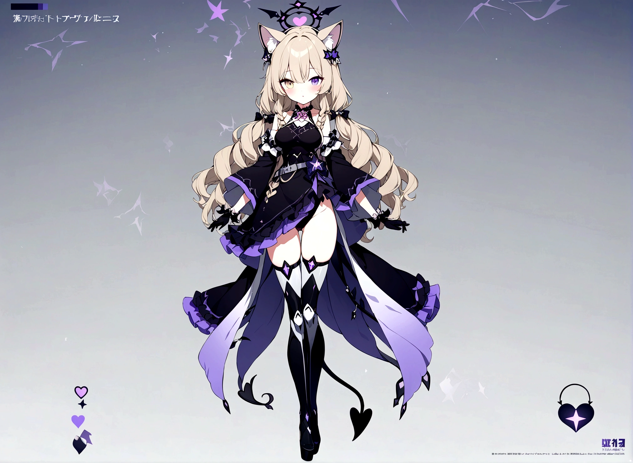 1 woman 180 cm tall. (character design sheet: front view). Dark blonde long hair, slim build, wavy hair with hip length curls, has a short central tuft, She has two short braids on the left and right side of her head.. It has black with gray and purple serval ears located on the top of its head... small face. (heterochromia: one gray eye and one purple eye), Has ribbons on the right and left side of the hair. extremely detailed face, Beautiful detailed eyes, beautiful detailed lips. adorable, extremely detailed legs, (Best Quality, 4k, 8k, high resolution), ultra detailed, Exquisite and epic character art.. Black platform heels, Elegant one-piece long dress with ruffle skirt and wide sleeves. Gold gear embellishments on the dress, star and ribbon decorations on the dress. black gloves. gray belt at the waist with a large ribbon and a bright pink heart in the middle. black necklace with heart emblem on the neck. It has a succubus tail that ends in the shape of a luminous purple star that emerges from the bottom of the column.... (wide hip). Luminous black halo with purple star patterns above his head.... (medium chest size). Thigh High Mechanical Legs in Black and Purple.