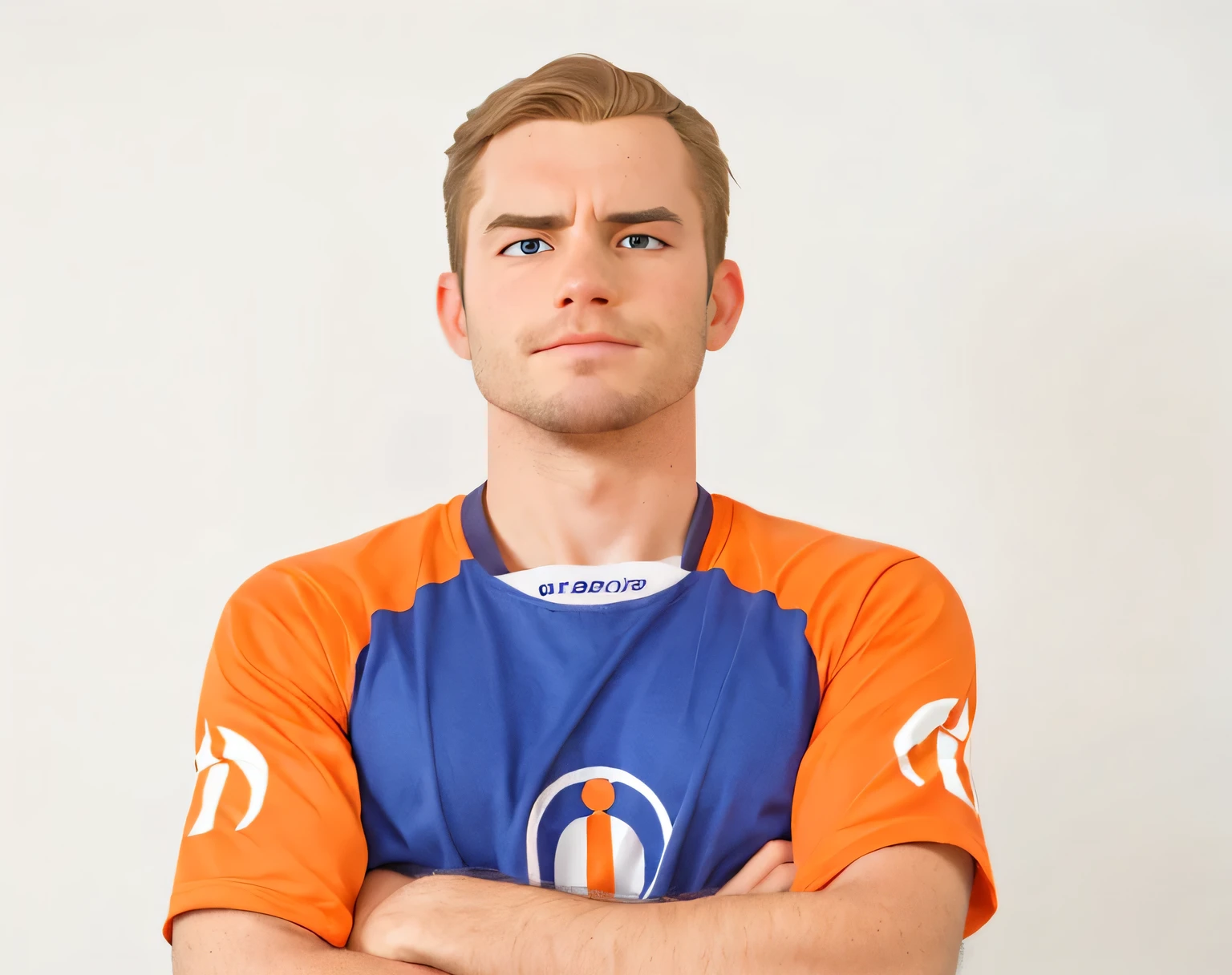 white male, crossed arms, looking at the camera, blond.