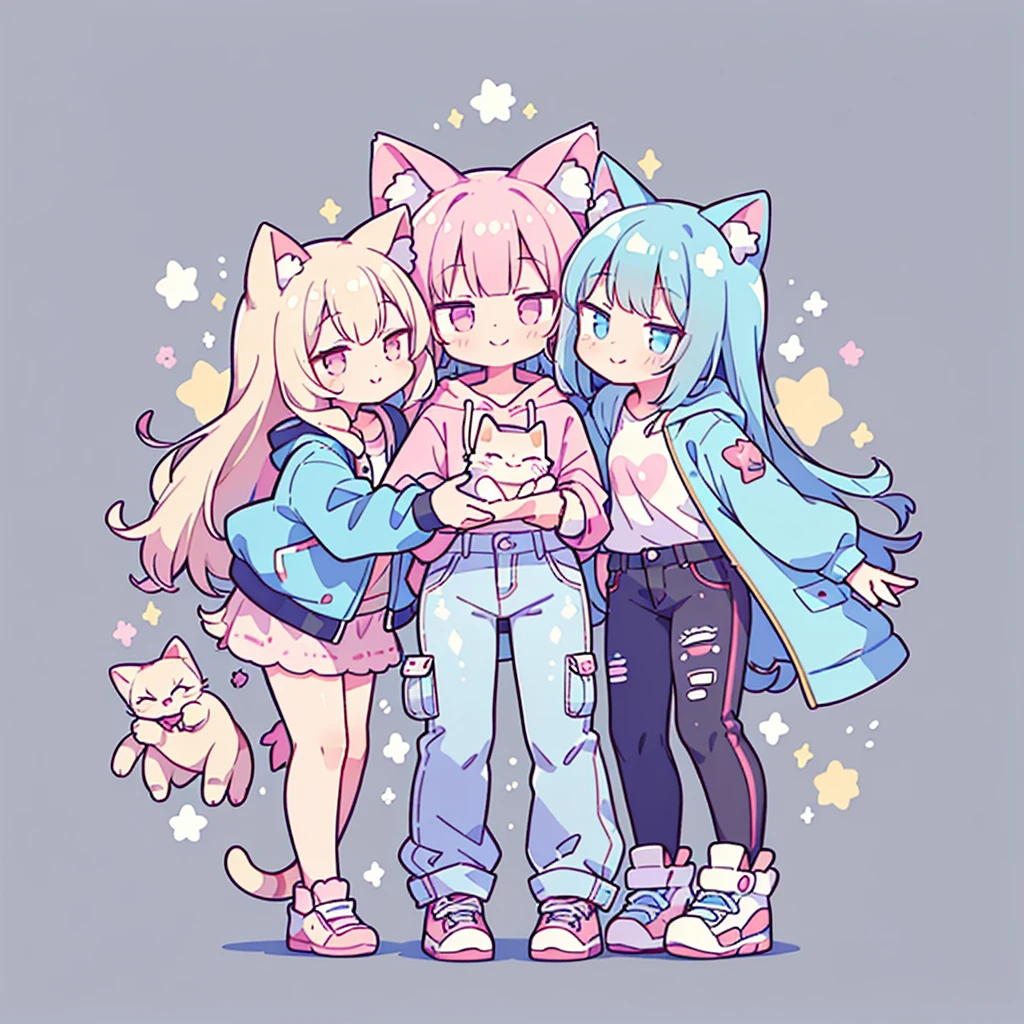 ((Highest quality，masterpiece，Extremely complex and exquisite details，A short girl with gray and blue cat ears and long hair is in the center，Gray blue super long straight hair，Curly hair at the ends，Sparse air bangs，Gray and pink T-shirt，Denim hooded cropped jacket，Black and gray long cargo pants，hands holding a cat))，(pink and white sneakers，Smile slightly，Surrounded by tons of cute short-legged cats，Correct anatomy)，Super Q super cute short full body portrait，Starry sky background vertical painting space scene