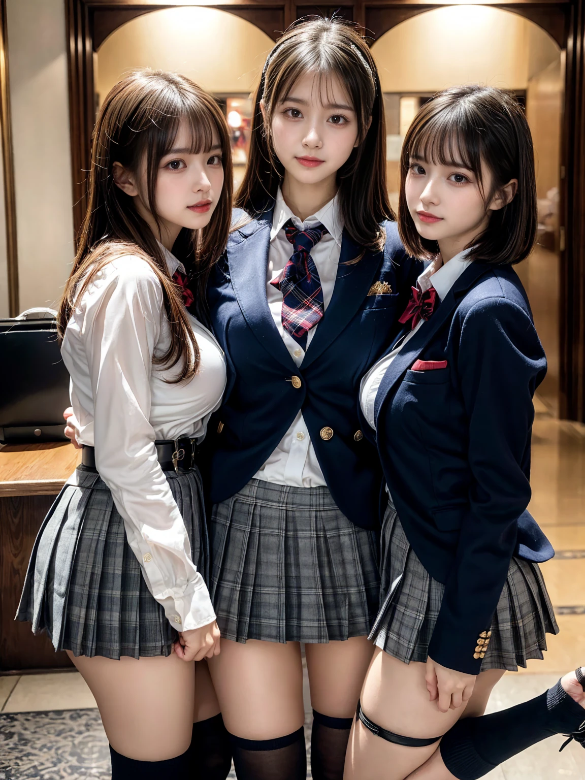 (8K, Raw photography, top-quality, masterpiece:1.2), master piece, best quality, illustration, Super detailed, fine details, High resolution, 8K,wall paper, perfect dynamic composition,(Details High quality, realistic depiction of eyes:1.3), ((2 girls, 2 schoolgirls)), The background is a luxury hotel room、High school girl uniform、blazer 、Super Short Check Uniform Skirt、Navy blue high socks、garterbelts、Colossal tits、Disturbed uniform, Play with each other,Touching each other's bodies,Touching the body of the girl next door, short bob hair, black hair color, huge breasts, Big Natural Color Lip, bold sexy pose, (perfect body shape), crying a little、cold gaze, Beautiful makeup,glitter makeup,Cutest 18 years old, beautiful legs, hposing Gravure Idol, Voluptuous thighs