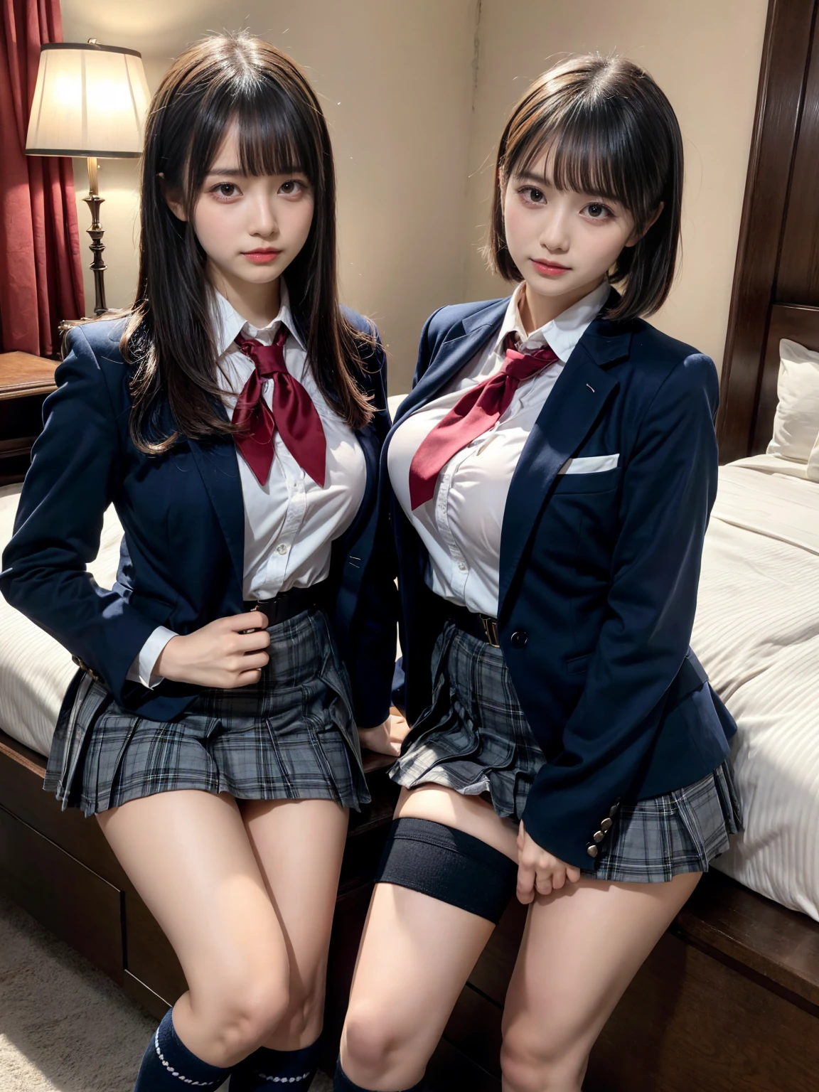 (8K, Raw photography, top-quality, masterpiece:1.2), master piece, best quality, illustration, Super detailed, fine details, High resolution, 8K,wall paper, perfect dynamic composition,(Details High quality, realistic depiction of eyes:1.3), ((2 girls, 2 schoolgirls)), The background is a luxury hotel room、High school girl uniform、blazer 、Super Short Check Uniform Skirt、Navy blue high socks、garterbelts、Colossal tits、Disturbed uniform, Play with each other,Touching each other's bodies,Touching the body of the girl next door, short bob hair, black hair color, huge breasts, Big Natural Color Lip, bold sexy pose, (perfect body shape), crying a little、cold gaze, Beautiful makeup,glitter makeup,Cutest 18 years old, beautiful legs, hposing Gravure Idol, Voluptuous thighs