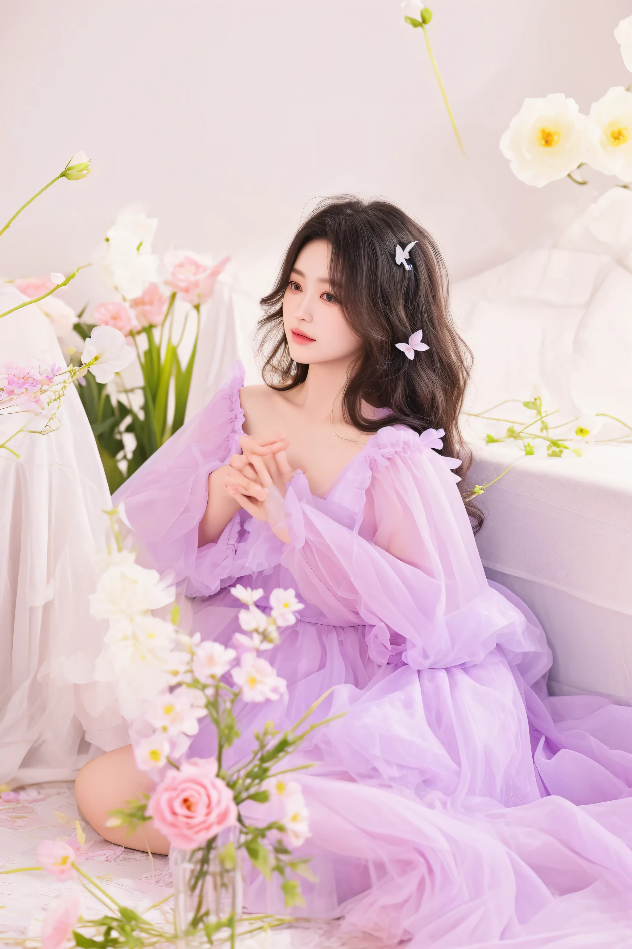 there is a woman sitting on a bed with flowers in the background, sakimichan, ethereal!!!!!!!, 中 元 节, ethereal beauty, fairycore, ethereal and dreamy, official fanart, ethereal fantasy, fantasy photoshoot, full body xianxia, trending on cgstation, official artwork, wearing organza gown