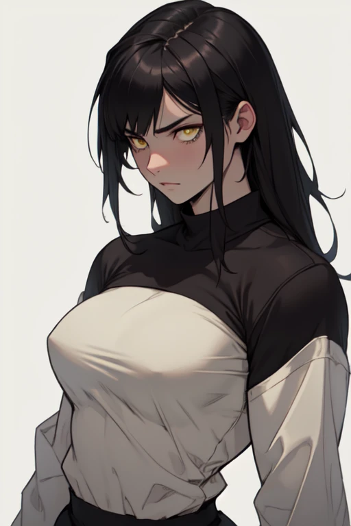 sad girl muscular muscular muscular breasts breasts breasts thick thick thick thick black hair yellow eyes pale skin pale skin thick thick thick long sleeve dark atmosphere thick thick thick thick thick thick muscular simple background sad sad sad sad tigth shirt