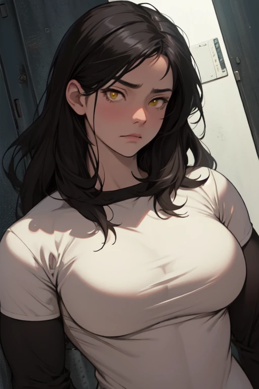 sad girl muscular muscular muscular breasts breasts breasts thick thick thick thick black hair yellow eyes pale skin pale skin thick thick thick long sleeve dark atmosphere thick thick thick thick thick thick muscular simple background sad sad sad sad tigth shirt