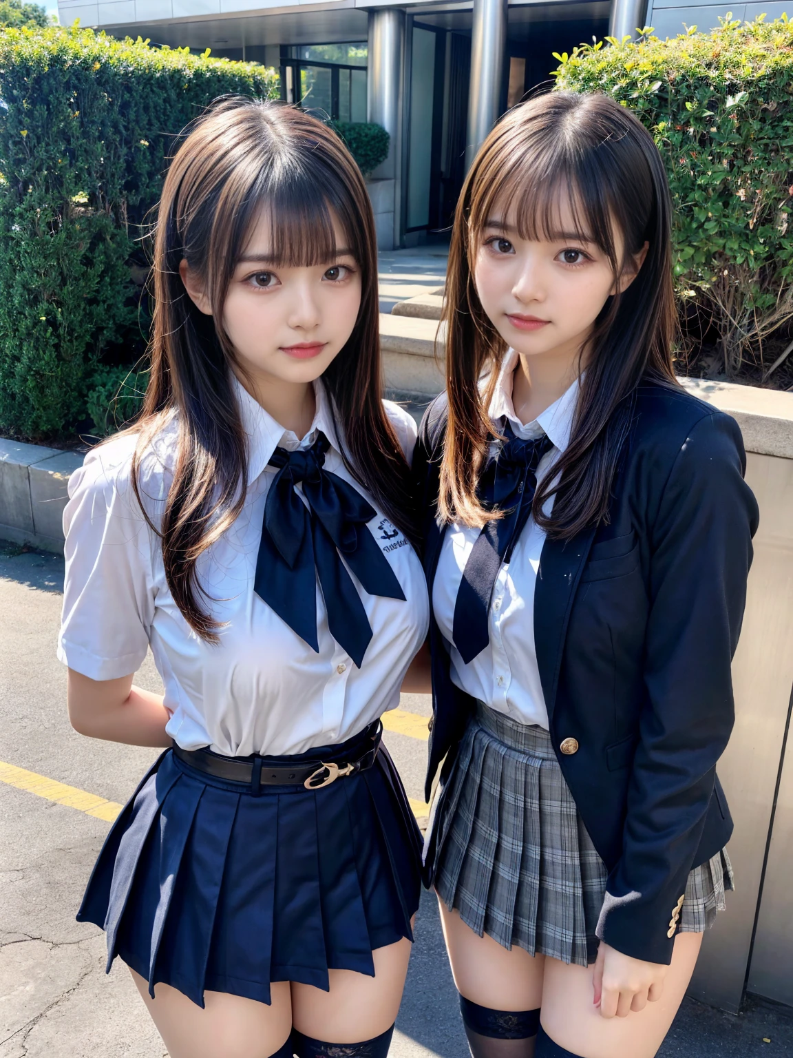 (8K, Raw photography, top-quality, ​masterpiece:1.2), master piece, best quality, illustration, Super detailed, fine details, High resolution, 8K,wall paper, perfect dynamic composition,(Details High quality, realistic depiction of eyes:1.3), ((2 girls, 2 schoolgirls)), The background is a luxury hotel room、High school girl uniform、blazer 、Super Short Check Uniform Skirt、Navy blue high socks、garterbelts、Colossal tits、Disturbed uniform, Play with each other,Touching each other's bodies,Touching the body of the girl next door, short bob hair, black hair color, huge breasts, Big Natural Color Lip, bold sexy pose, (perfect body shape), crying a little、cold gaze,  Beautiful makeup,glitter makeup,Cutest 18 years old, beautiful legs, hposing Gravure Idol, Voluptuous thighs