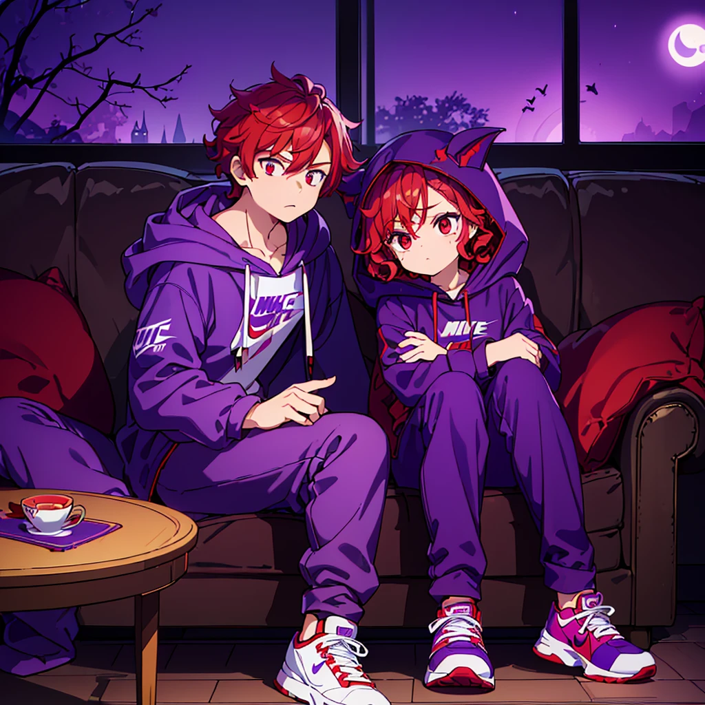 ((whole body)), ((  boy ,male gender)),(( vampire race )), ((red curly hair with a hood on her head)), ((masculine face)),((eyeballs )),((purple hooded coat )),((purple pants )),((white nike shoes)) sitting on the sofa looking out his giant window at the full moon