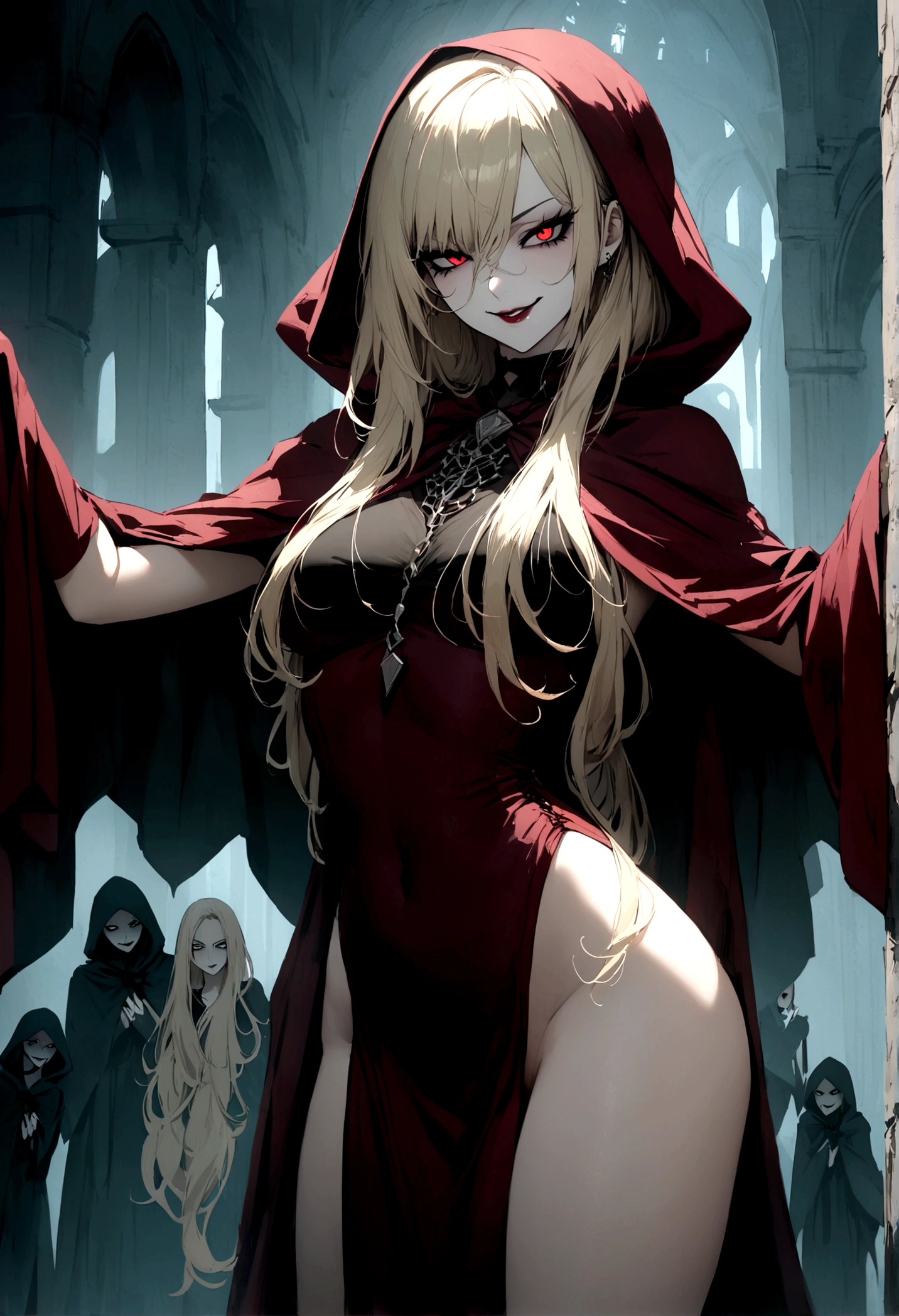 woman, cultist, long blond hair,  perfect body, evil smile,  cultist cloak, seductive,cowboy shot, cultist clothes,