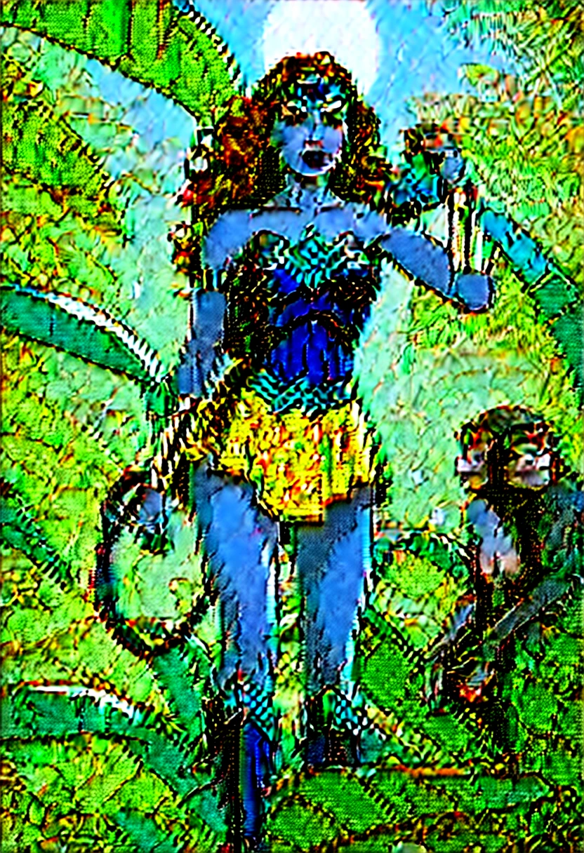 A super hero Wonder Woman is eating a banana on a banana tree, accompanied by several monkeys. The atmosphere is light rain 