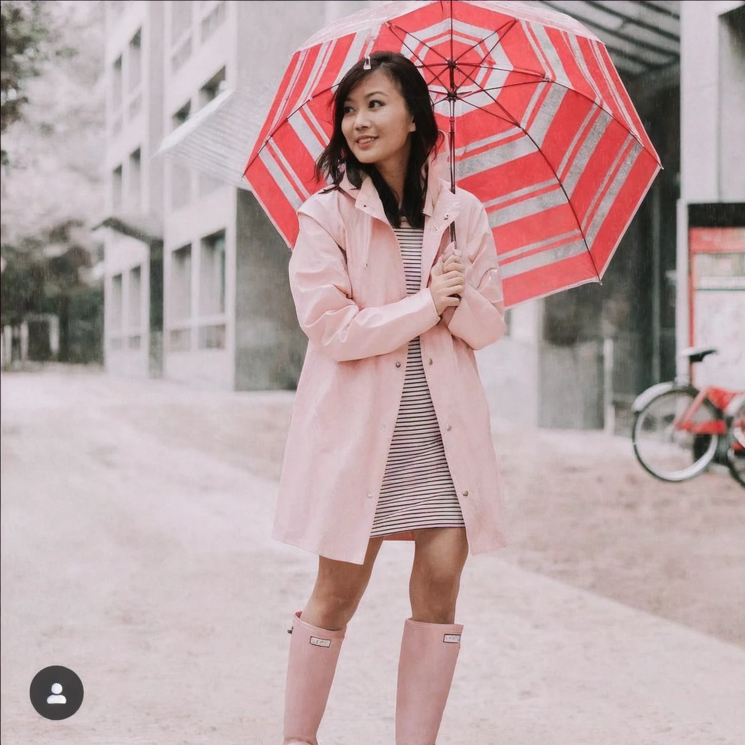 asian lady holding umbrella, cute pose, pink buttoned raincoat, tall pink rain boots, ((((muddy clothes)))), intricate details, highly detailed, masterpiece, 8k, photorealistic, cinematic lighting, vibrant colors, soft focus, elegant, feminine, beautiful, serene, graceful