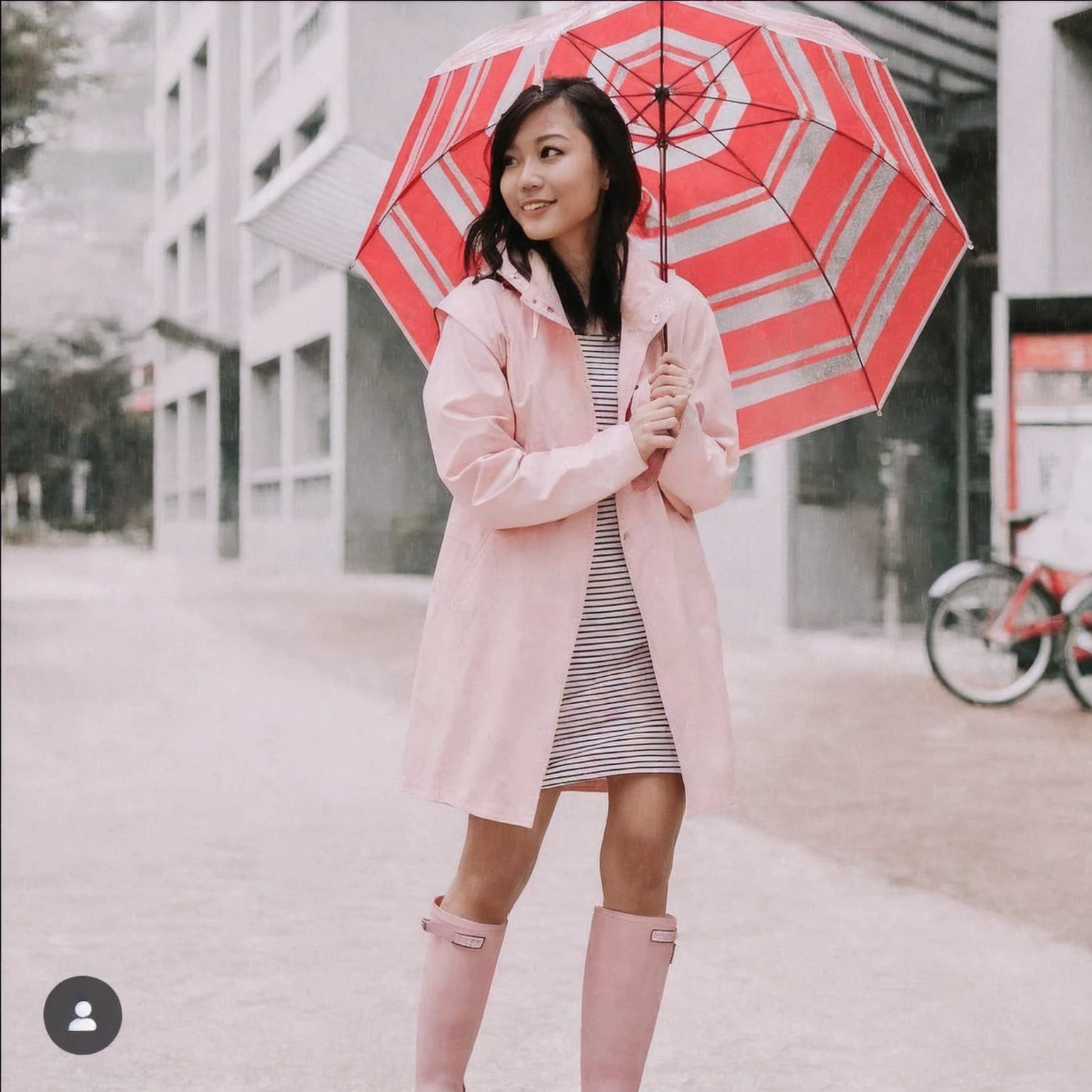 asian lady holding umbrella, cute pose, pink buttoned raincoat, tall pink rain boots, ((((muddy clothes)))), intricate details, highly detailed, masterpiece, 8k, photorealistic, cinematic lighting, vibrant colors, soft focus, elegant, feminine, beautiful, serene, graceful