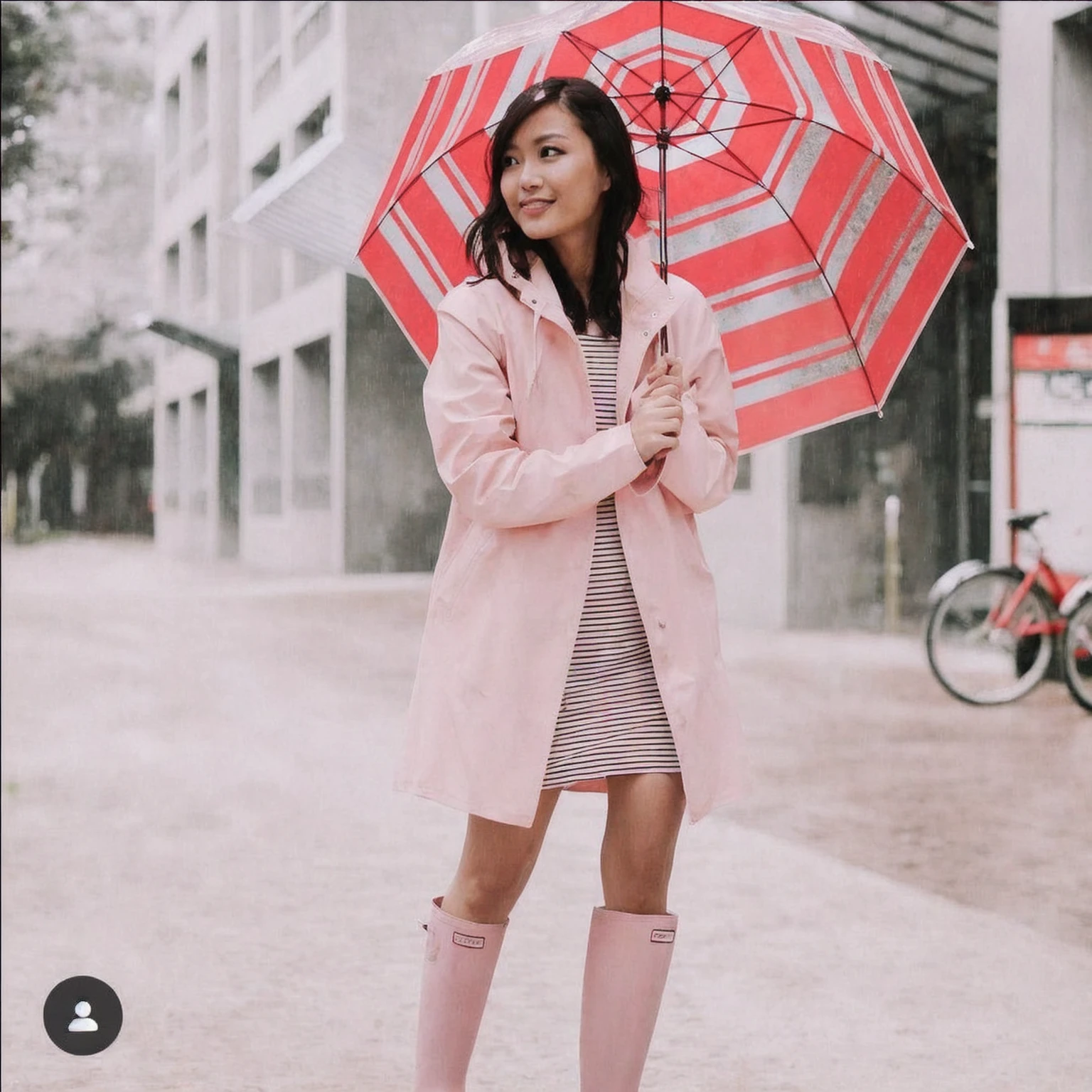 asian lady holding umbrella, cute pose, pink buttoned raincoat, tall pink rain boots, ((((muddy clothes)))), intricate details, highly detailed, masterpiece, 8k, photorealistic, cinematic lighting, vibrant colors, soft focus, elegant, feminine, beautiful, serene, graceful