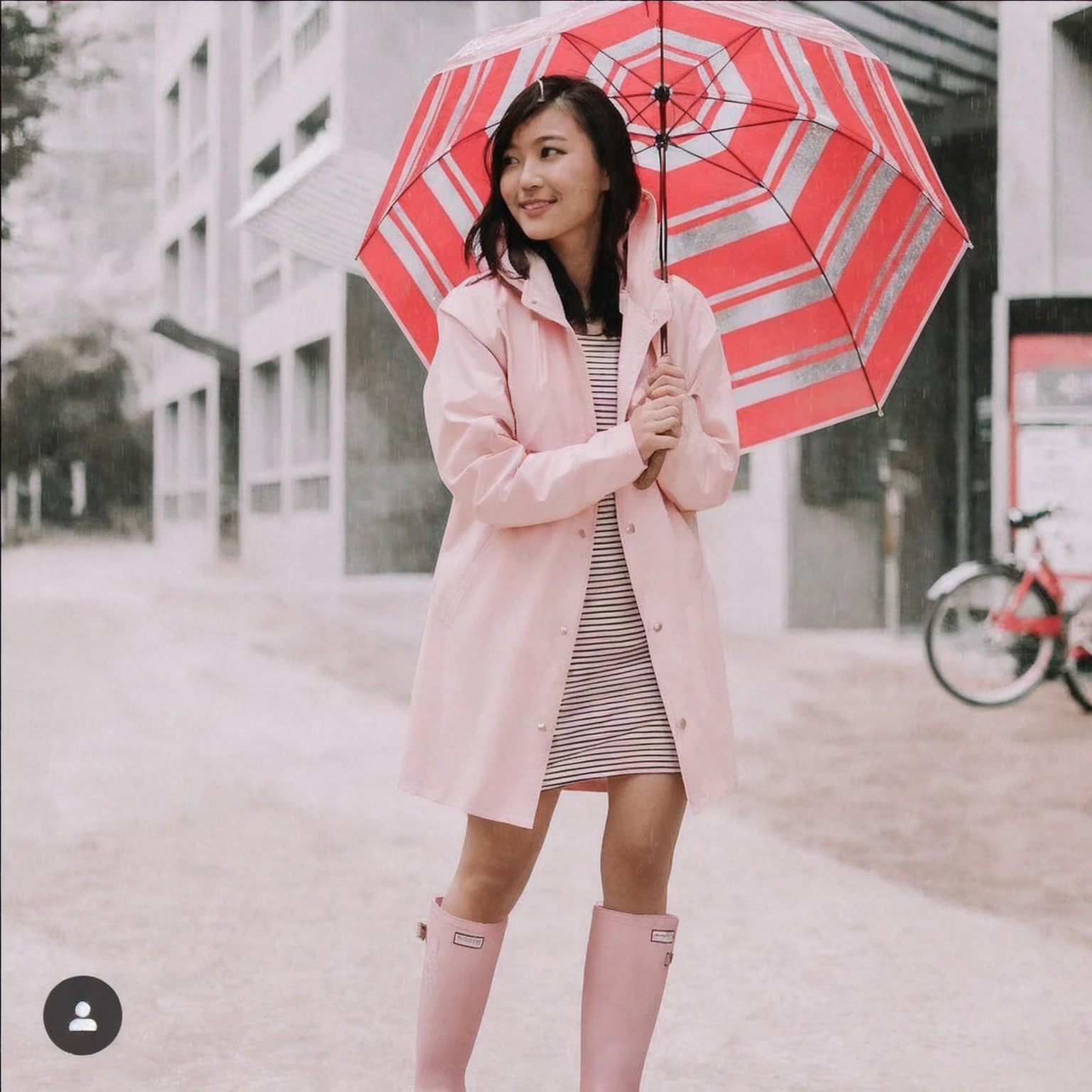 asian lady holding umbrella, cute pose, pink buttoned raincoat, tall pink rain boots, ((((muddy clothes)))), intricate details, highly detailed, masterpiece, 8k, photorealistic, cinematic lighting, vibrant colors, soft focus, elegant, feminine, beautiful, serene, graceful