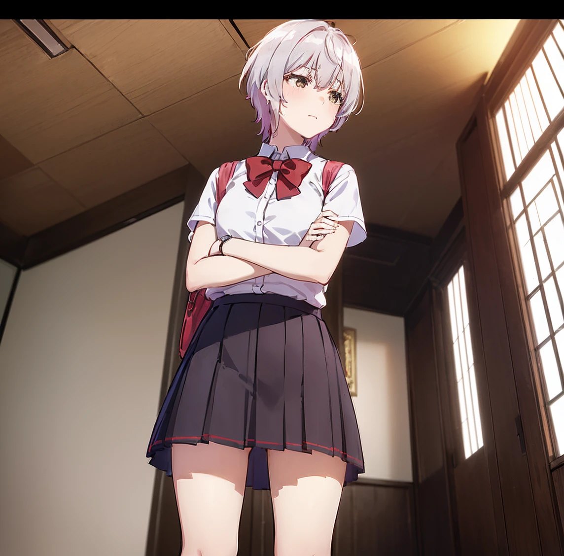 ((1girl)), ((alone)),fuuka Kikuchi, ((extremely detailed CG unity 4k wallpaper)), (masterpiece), (ultra quality), (ultra detailed), (best illustration), (best shadow), (extremely detailed), looking at viewer, (absurdities), (detailed background), curvy body, dynamic pose, cowboy photo, medium breasts, medium waist, wide hips, wide thighs, round butt, ((hair short, skirt, shirt, bow, holding, hair between the eyes, brown eyes, closed mouth, , standing, white shirt, short sleeves, gray hair, pleated skirt, shoes, socks, bright, bow tie, bag , red bow, shiny hair, gray eyes, book, plaid, black knee-high stockings, plaid skirt, brown shoes, bare thighs, black socks, loafers, red bow tie, book, school bag, watch, brown skirt, watch bracelet )),smile, mouth closed)), standing, cowboy photo, backlight, ((solo)), ((standing: 1.4, interior, library, window, sunset,,(stoic expression, blushing, ,sexy, closed mouth, sexy pose), looking forward, ((focus on panties), point of view: (from below), perfect anatomy, perfect hands,