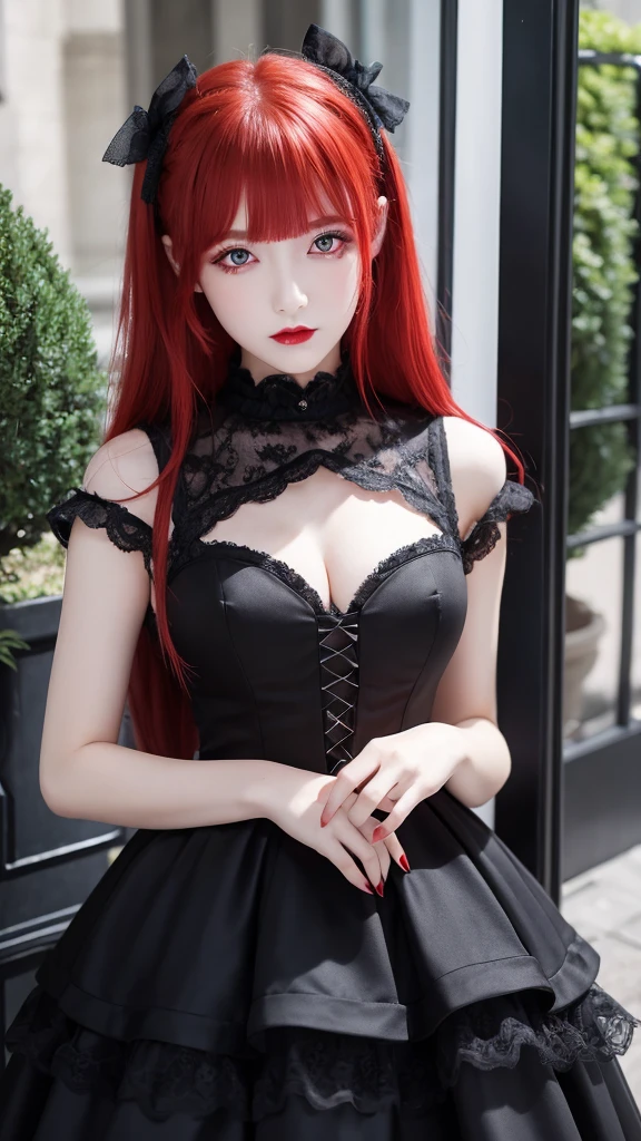 a girl with red hair and red eyes and pink lips wearing a black gothic dress