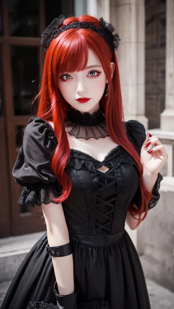 a girl with red hair and red eyes and pink lips wearing a black gothic dress