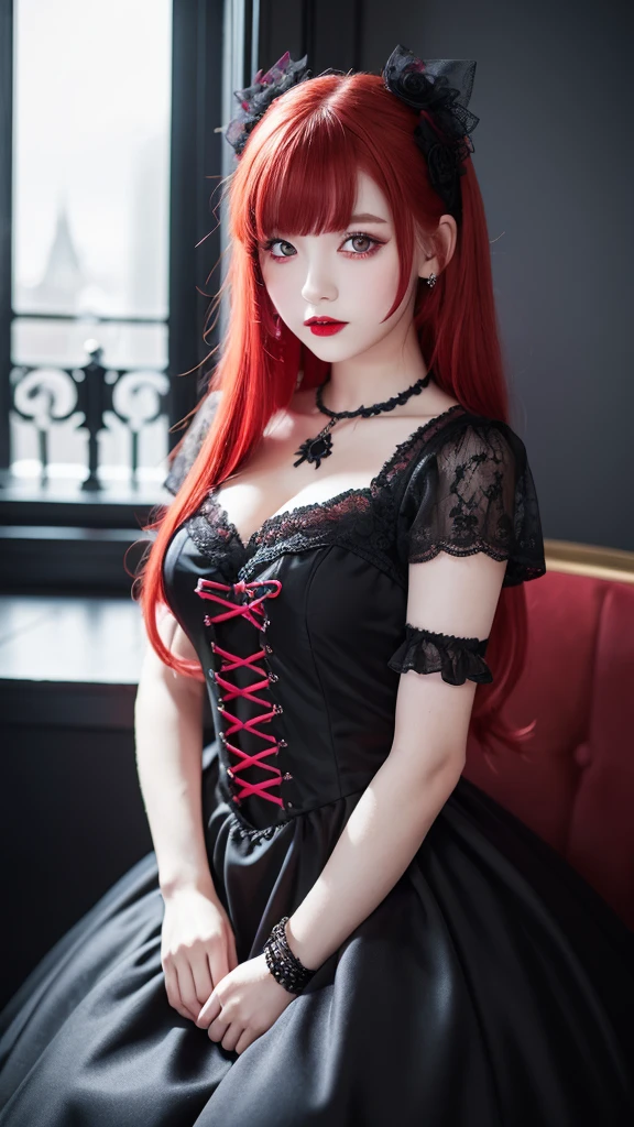 a girl with red hair and red eyes and pink lips wearing a black gothic dress