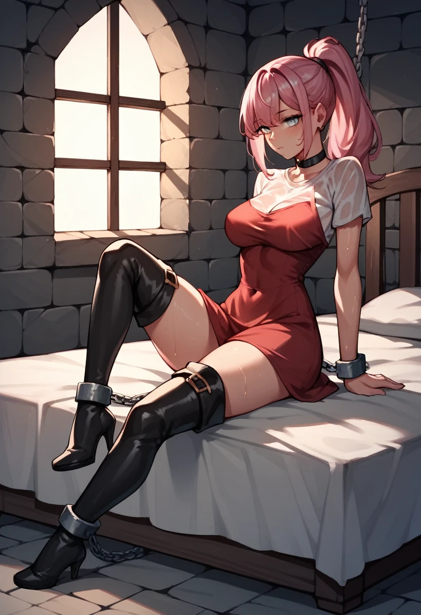 check_9, check_8_up, check_7_up, check_6_up, check_5_up, check_4_up, source_Anime, 1 girl,Bed, pink hair, ponytail, white eyes, language, WW chain, shackles, sweaty shirt, Red dress, sexy pose, black thigh-high boots,heels, night, dungeon, Best quality, better resolution, 4k uhd,