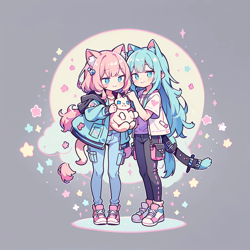 ((Highest quality,masterpiece,Extremely complex and exquisite details,A short girl with gray and blue cat ears and long hair is in the center,Gray blue super long straight hair,Curly hair at the ends,Sparse air bangs,Gray and pink T-shirt,Denim hooded cropped jacket,Black and gray long cargo pants,hands holding a cat)),(pink and white sneakers,Smile slightly,Surrounded by tons of cute short-legged cats,Correct anatomy),Super Q super cute short full body portrait,Starry sky background vertical painting space scene